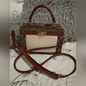 Coach Mini Lane Top Handle In Colorblock Cream/brown/signature Canvas/orange